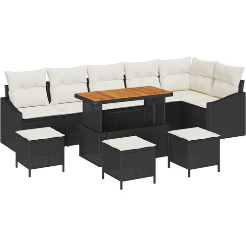 vidaXL 10-delni vrtni sofa set z blazinami Črna Poli Ratan Akacija, 2-sedežna vrtna sofa z blazinami Črna Poli Ratan, 4-delni vrtni jedilni set z blazinami Črna Poli Ratan Akacija Cene