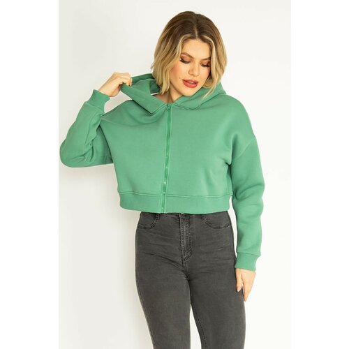 Şans Women's Plus Size Green 3 Thread Fleece Front Zipper Hooded Sweatshirt Cene