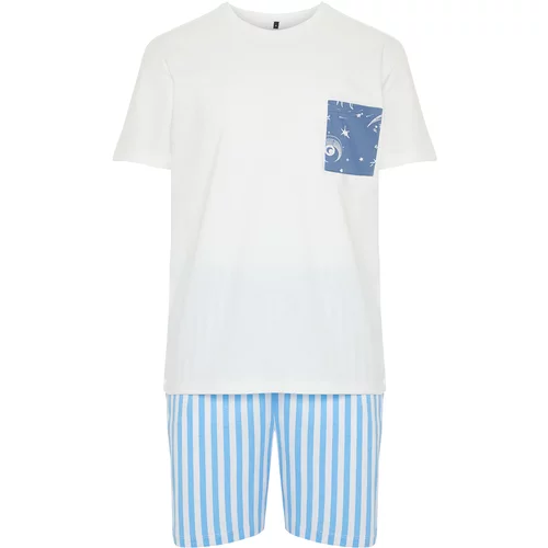 Trendyol Men's Ecru Blue Printed Regular Fit Knitted Pajamas Set