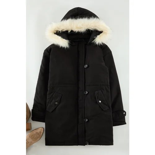 Trendyol Curve Black Fur Hooded Parka & Coat