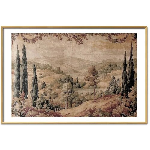  Plakat - Mediterranean Landscape - Old Tapestry with a Hill and Lake 60x90 Zlatni okvir s margom Slike