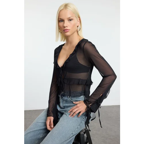 Trendyol Black Plain Tie and Ruffle Detailed Regular/Normal Fit Knitted Blouse