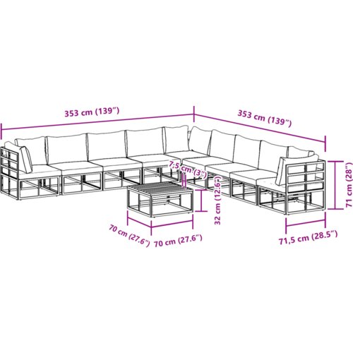 VidaXL Vrtna sedežna garnitura 10 pcs Črna 70 x 70 x 32 cm Aluminij Slike
