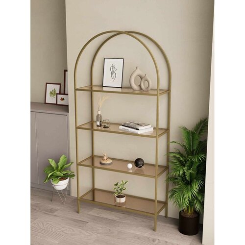Hanah home Linda polica za knjige 80 &amp;times; 172 &amp;times; 30 cm, zlatna / bronzano staklo Slike