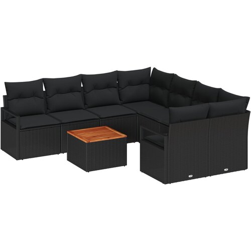 VidaXL 9-delni vrtni set sofa z blazinami črni poly ratan akacija, 2-sedežna vrtna sofa z blazinami črni poly ratan Slike