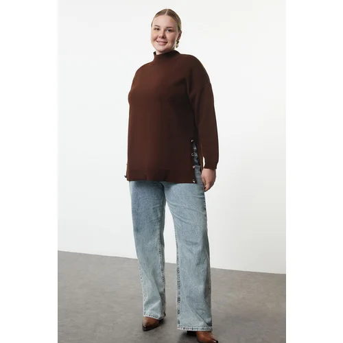 Trendyol Curve Brown Button Detailed Turtleneck Knitwear Sweater