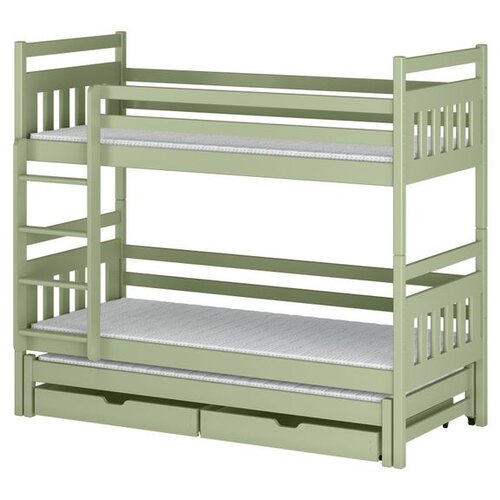 Molarem Home Drveni dječji krevet na kat Seweryn s tri kreveta i ladicom - olive - 180x80 cm - Madrac PE pjena 8 cm-spužvasti madrac Cijene