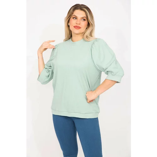 Şans Women's Plus Size Green Shoulder Gathered Capri Sleeve Sweatshirt
