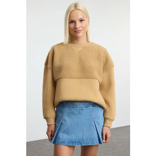 Trendyol Light Brown Plush Stitch Detailed Oversize/Wide Pattern Thick Knitted Sweatshirt