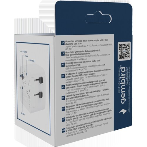 Gembird Travel adapter TPA-EU1A1C20-01-W Univerzalni, sa uzemljenjem 20W Slike