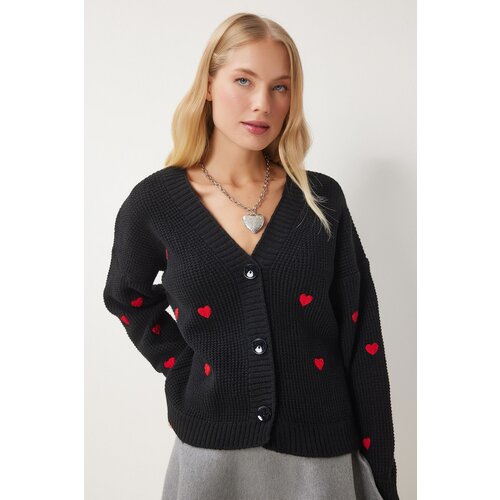 Happiness İstanbul Women's Black V Neck Heart Textured Knitwear Cardigan Cene