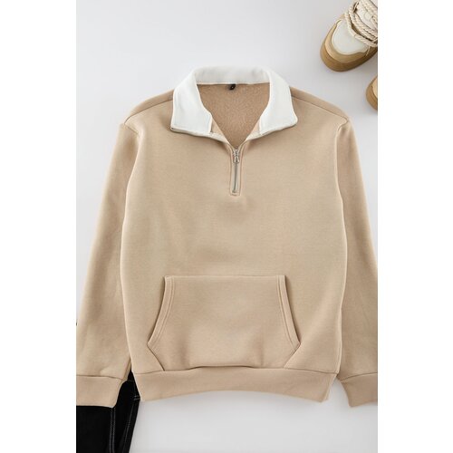 Trendyol Beige Oversize/Wide Cut High Collar Thick Sweatshirt Cene