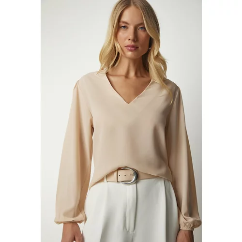 Happiness İstanbul Women's Beige V-Neck Crepe Blouse