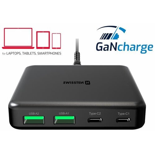 Swissten punjač GaN 2x USB-C + 2x USB-A, 45W PowerDelivery, crni Slike