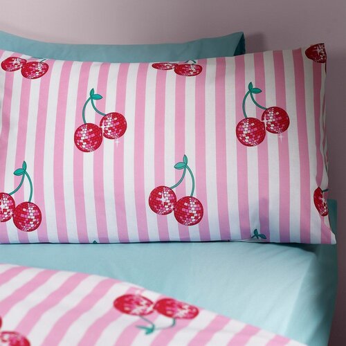 Catherine Lansfield Bijela/ružičasta posteljina za krevet za jednu osobu 135x200 cm Disco Cherries Stripes &amp;ndash; Slike