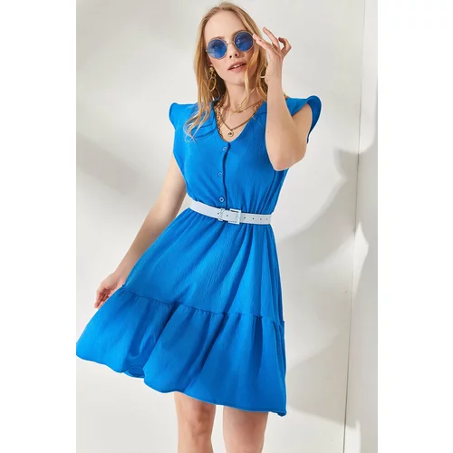Olalook Women's Blue Mini Dress with Frilled Buttons and Elastic Waist