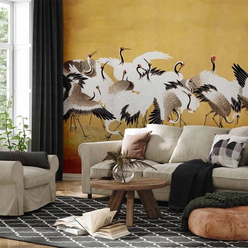  Foto tapeta - Japanese cranes - a flock of birds against a golden background based on a painting by Ishida Yūtei 150x105 Cene