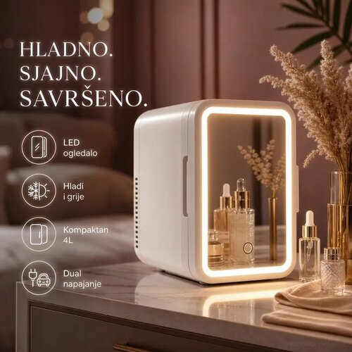 Mini frižider 4L sa ogledalom, LED svetlom i 12V/220V napajanjem Slike