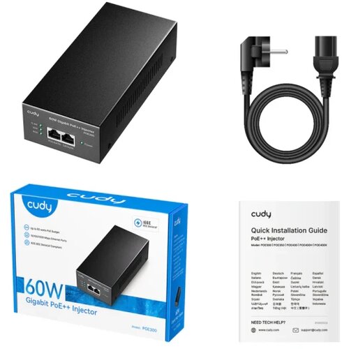 Cudy Adapter POE300 60W Gigabit PoE+/PoE Injector, 802.3at/802.3af Standard/domet 100 Metara Slike