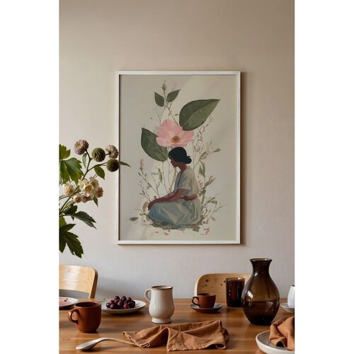 Wallxpert uramljena slika 115240, žena u zelenoj haljini ispod ružičastog cveta divlje ruže, 50 x 70 cm, beli ram Cene