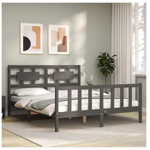 vidaXL Okvir kreveta s uzglavljem sivi veliki bračni od masivnog drva