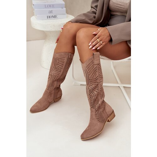 Boto Perforated Women&amp;#039;s Knee-high Block Heeled Boots Beige Fioris Slike
