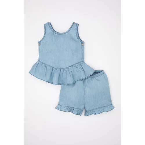 Defacto Baby Girl Jean Look Sleeveless Ruffle Blouse and Shorts Set of 2