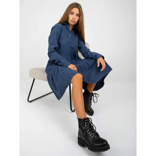 Fashion Hunters Dark blue dress with a frill in the cut of a shirt