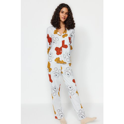 Trendyol Gray Melange 100% Cotton Teddy Bear Patterned Shirt-Pants Knitted Pajamas Set Slike