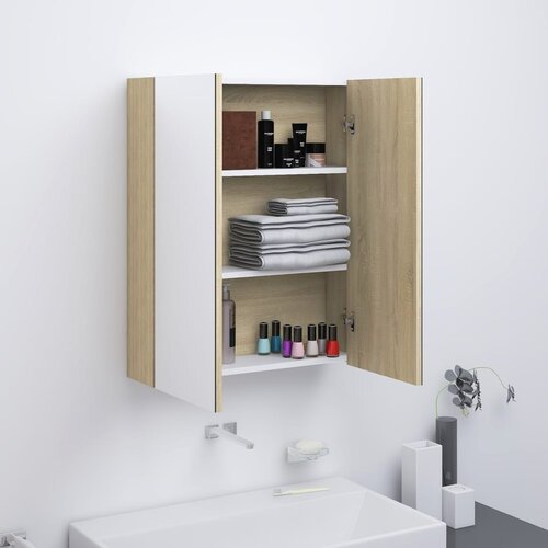 Furnova Kopalniška omarica z ogledalom 60x15x75 cm MDF bela in hrast, (21947279) Cene