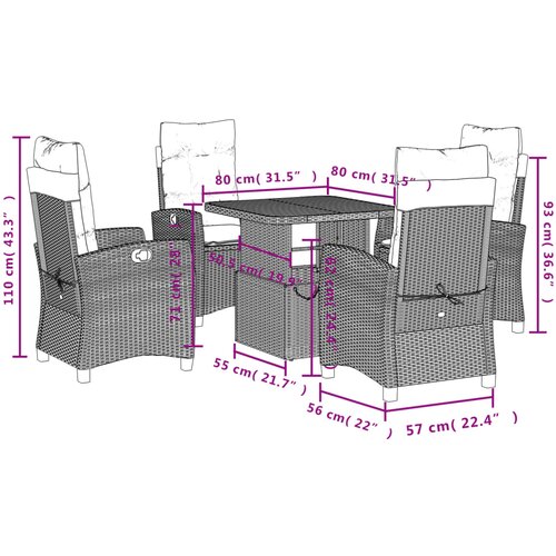  5-dijelni vrtni blagovaonski set s jastucima od poliratana crni Crna 80 cm table length Slike
