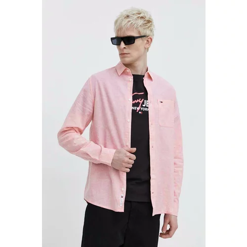 Tommy Jeans Košulja s dodatkom lana boja: ružičasta, regular, s klasičnim ovratnikom