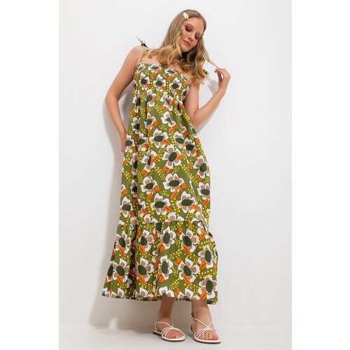 Trend Alaçatı Stili Women's Khaki Strap Skirt Flounce Floral Patterned Gimped Woven Dress Slike
