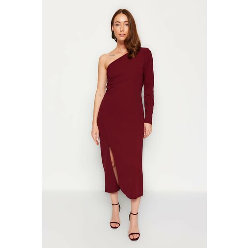 Trendyol Burgundy Asymmetric Collar Fitted Slit Detailed Midi Knitted Dress Slike