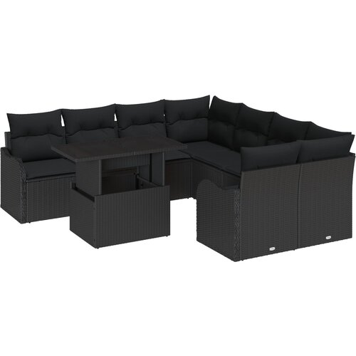 VidaXL 9 komadni set vrtnih sofa s jastučićima crni poli ratan, 2-sjedalna vrtna sofa s jastučićima crni poli ratan Slike