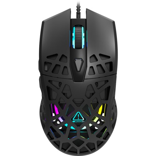 Canyon Puncher GM-20 High-end Gaming Mouse with 7 programmable buttons, Pixart 3360 optical sensor, 6 levels of DPI and up to 12000, 10 million times key life, 1.65m Ultraweave cable, Low friction with PTFE feet and colorful RGB lights, Black, size:126x67.5x39.5 Cene