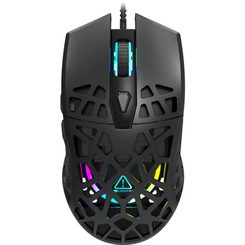 Canyon Puncher GM-20 High-end Gaming Mouse with 7 programmable buttons, Pixart 3360 optical sensor, 6 levels of DPI and up to 12000, 10 million times key life, 1.65m Ultraweave cable, Low friction with PTFE feet and colorful RGB lights, Black, size:126x67.5x39.5