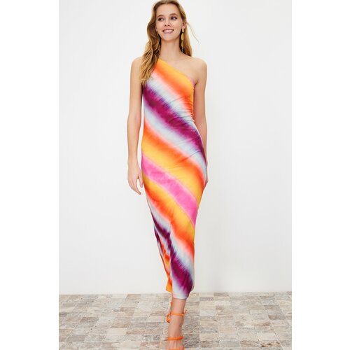 Trendyol Multi Color Printed Fitted Asymmetrical Neck Stretch Knitted Maxi Dress Slike