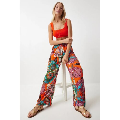  ženske narandžasto-tirkizne &amp;scaron;arene lepr&amp;scaron;ave viskozne regular fit pantalone EN00606, narandžasto-tirkizna / narandžasta Slike