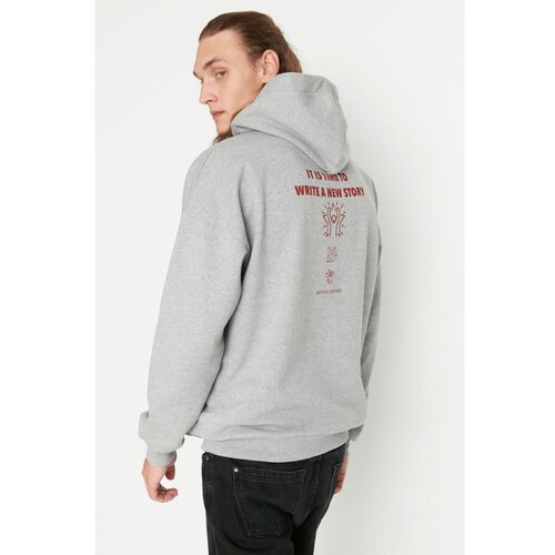 Trendyol Gray Men's Oversize Fit Hoodie Printed Sweatshirt Cene