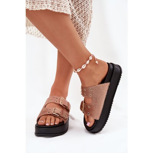 Boto Women's Slides With Golden Buckles On Platform Beige Virvania Cijene