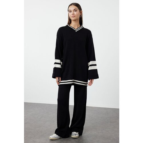 Trendyol Black Color Block Striped Knitwear Bottom-Top Set Cene