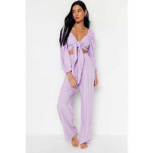 Trendyol Lilac Woven Tie Blouse and Pants Suit Slike