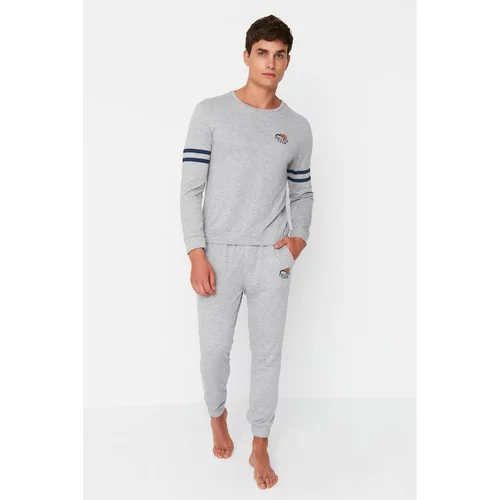 Trendyol Men's Gray Melange Printed Regular Fit Knitted Pajamas Set