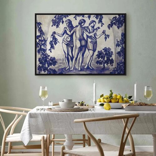  Slika - Ancient vineyard - three women in a portal painted with blue ink 60x40 U crnom drvenom okviru Slike