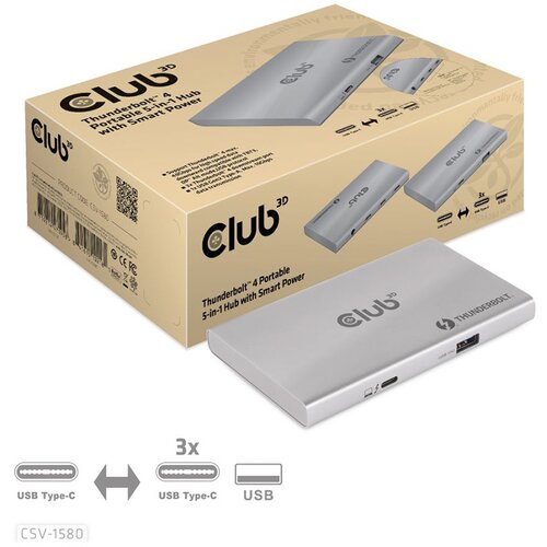  USB hub Club 3D Thunderbolt4 Portable 5-in-1 Hub with Smart Power CSV-1580 Cene
