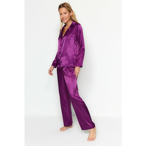 Trendyol Purple Satin Shirt-Pants Weave Pajamas Set Slike