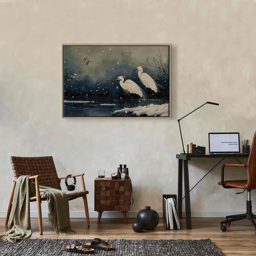  Slika - Herons over a winter pond - Japanese-style illustration in dark colours 90x60 U prirodnom drvenom okviru Slike