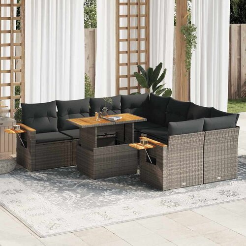 VidaXL 9-dijelni set vrtnih sofa poliratan i bagrem s jastucima sivi Slike