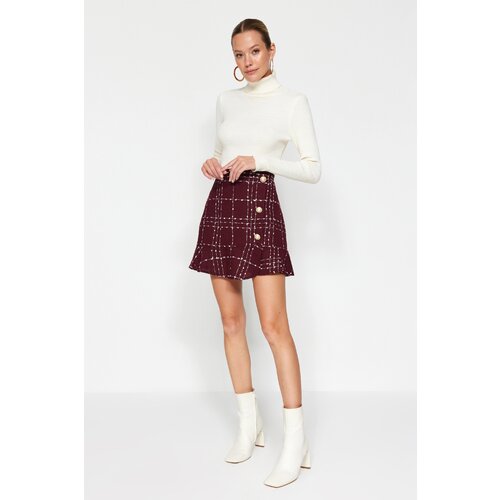 Trendyol Claret Red with Buttons and Tweed Fabric Hem with Ruffles, Mini Woven Skirt Cene
